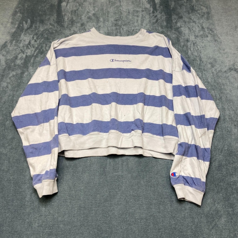 Champion Cropped Sweater Womens Medium White Blue Striped Wordmark Logo Cozy